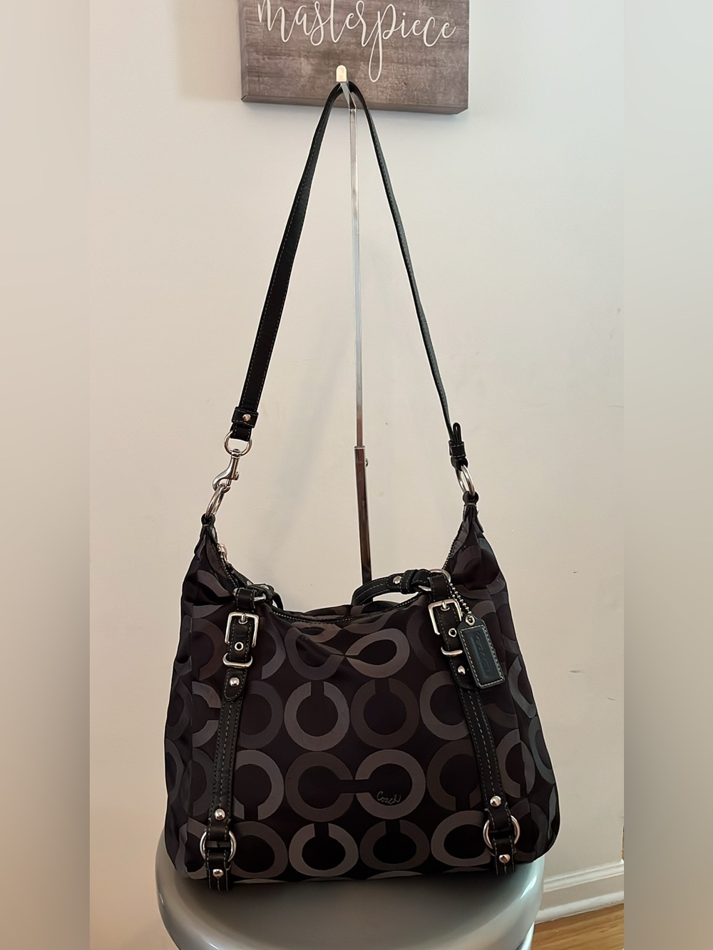 Coach Signature Op Art Black Gray Convertible Shoulder Bag